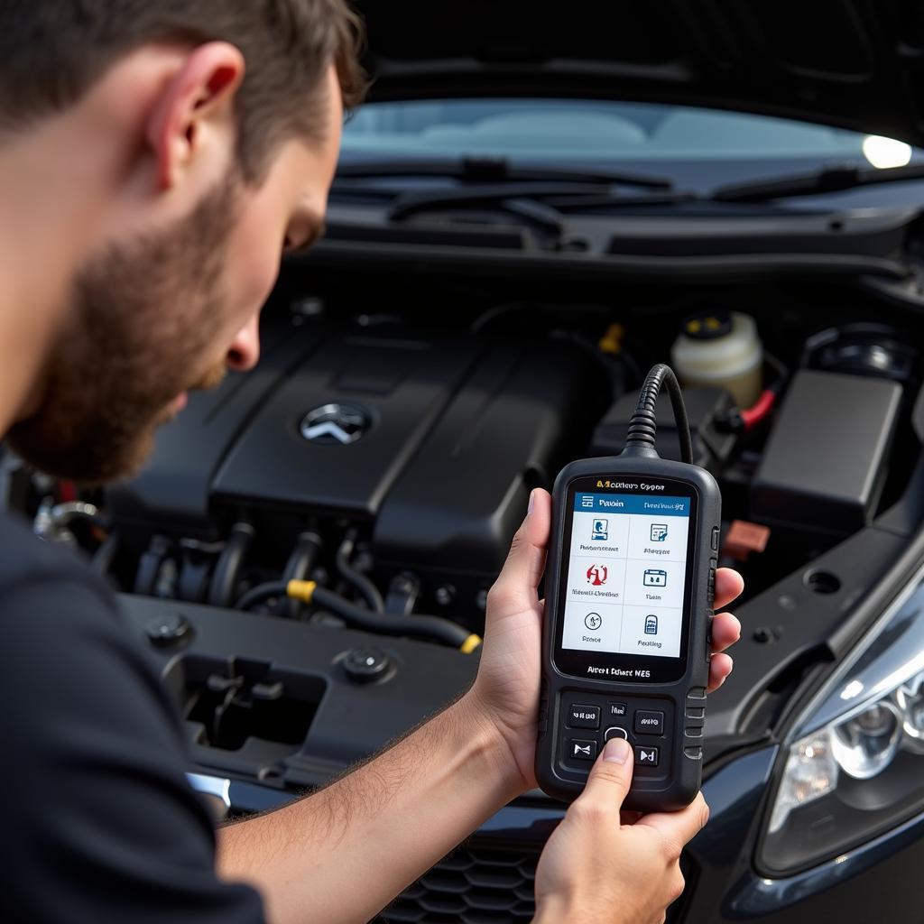 Mechanic using the Actron CP9185 scan tool to diagnose a car engine problem