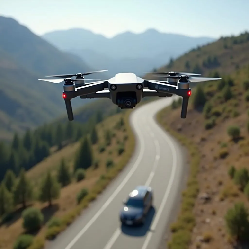 Autel Evo Nano Plus flying over a scenic road with a car driving below