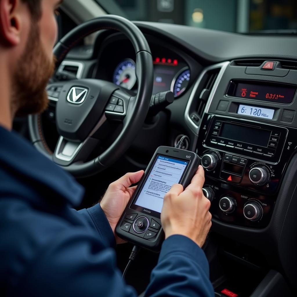 Mechanic using an auto diagnostic tool on a car