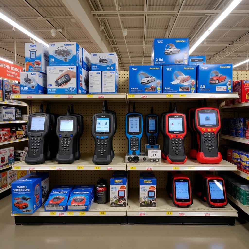 An array of different auto scan tools displayed on a shelf in Walmart.