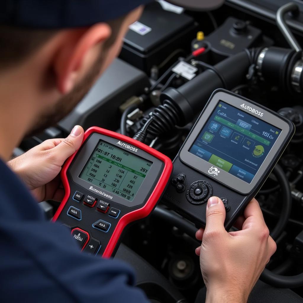 Mechanic using Autoboss V30 to diagnose a car engine problem