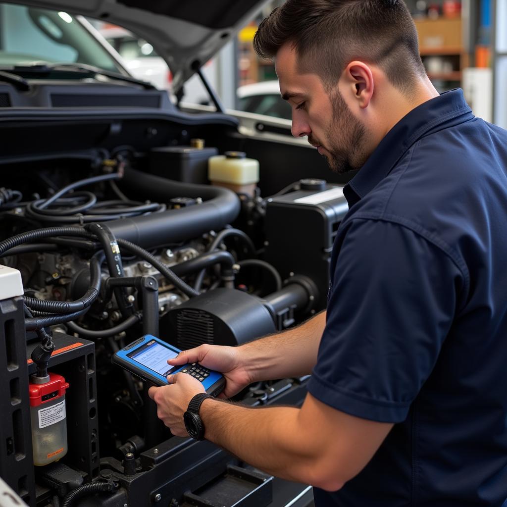 Mechanic using a scan tool on a 6.0 Powerstroke engine