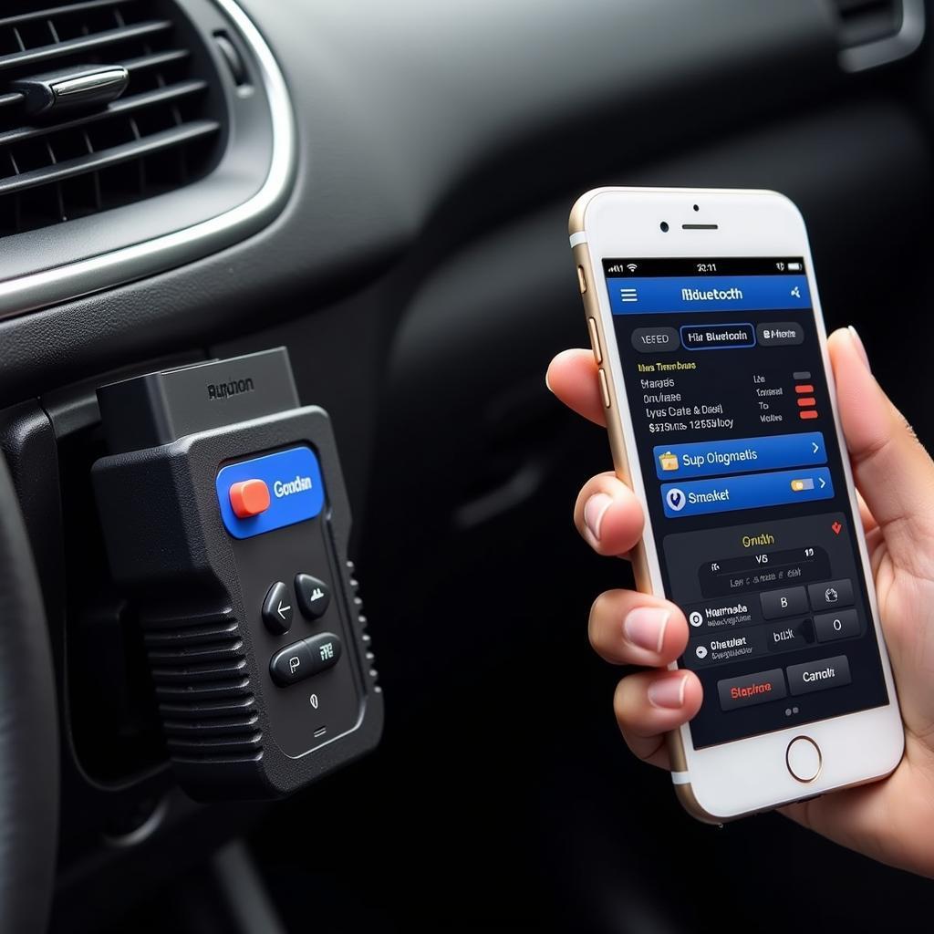 Close-up of a Bluetooth scan tool displaying diagnostic data on a smartphone