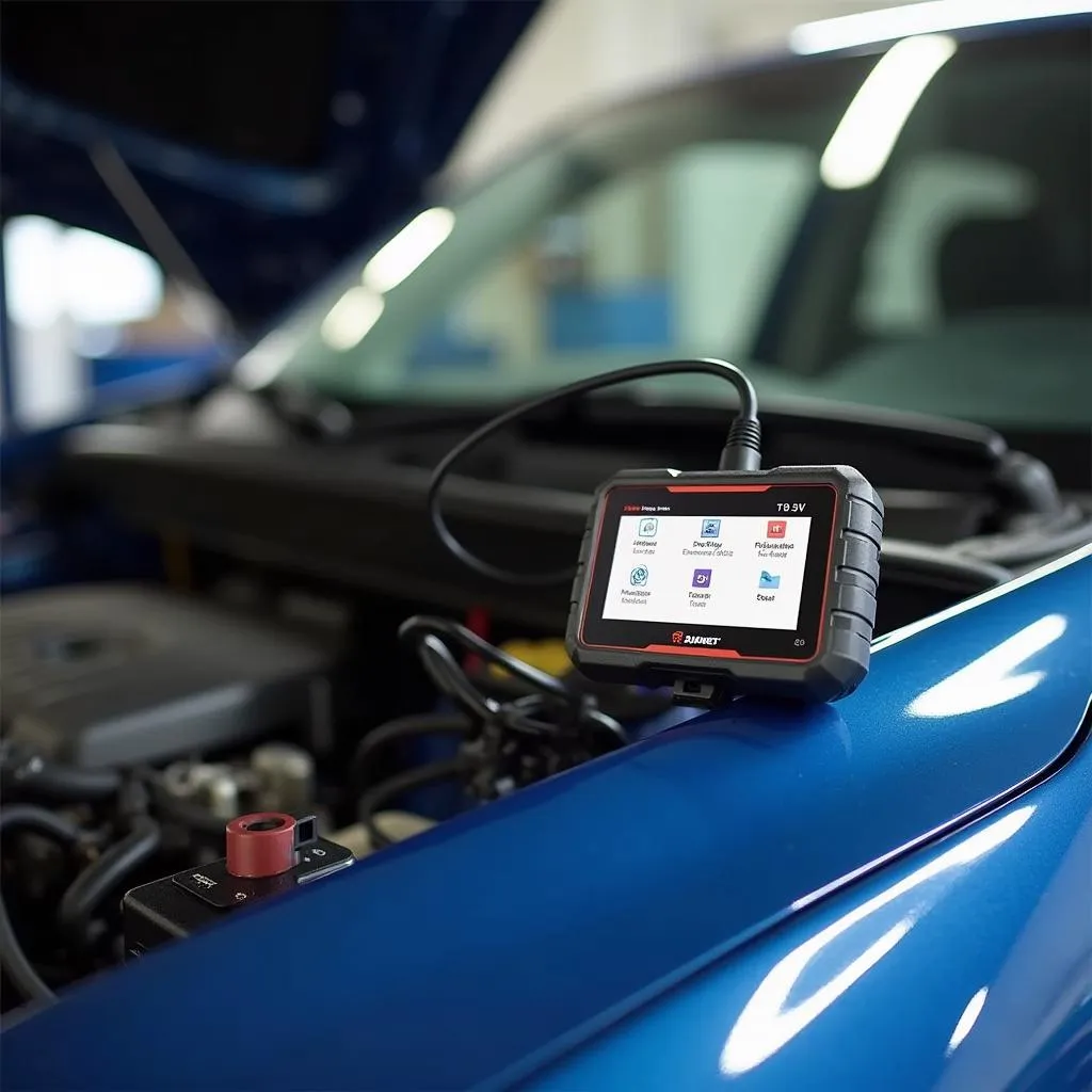 A budget-friendly automotive scan tool displayed on a car hood