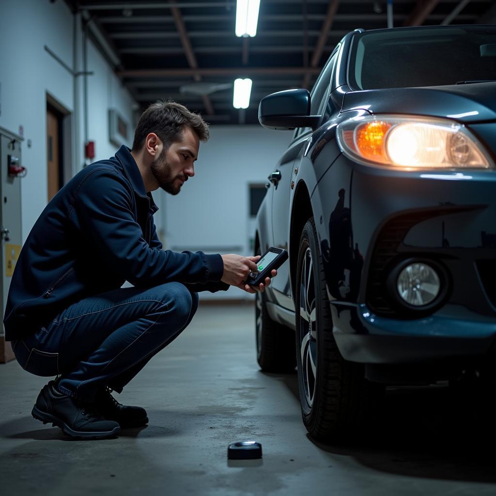 Car owner using OBD2 scanner at home