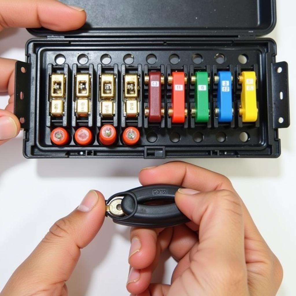 A person inspecting the fuse box of a car.