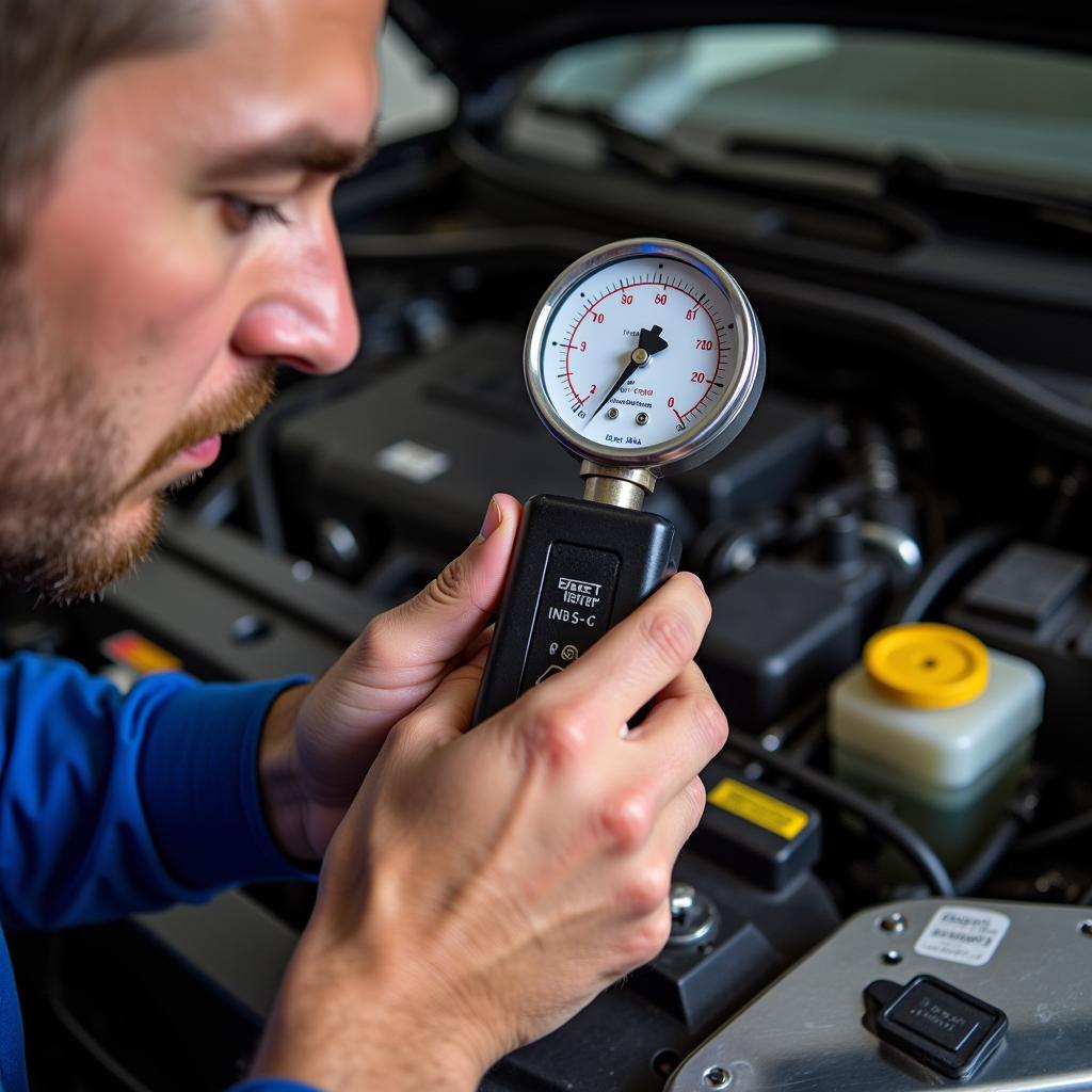 Mechanic Using a Compression Tester on a Small Engine