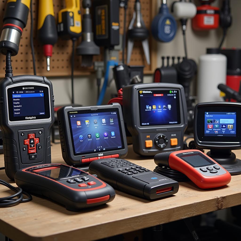 Various Car Scanners on a Workbench