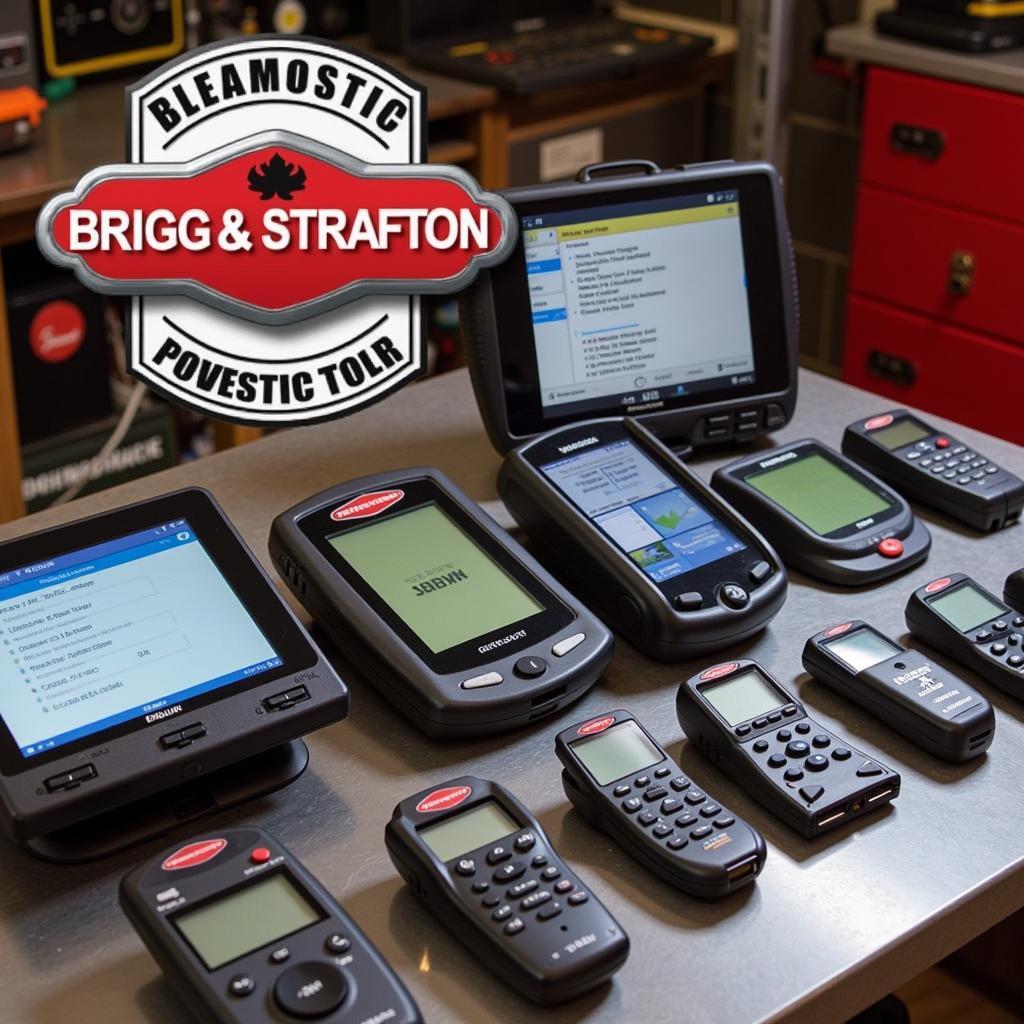 Various Briggs & Stratton diagnostic tools displayed on a workbench.