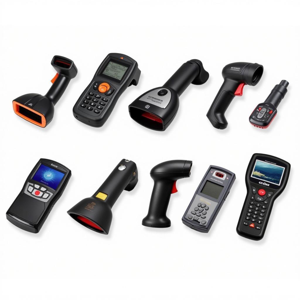 Various car security scanners are displayed on a table.