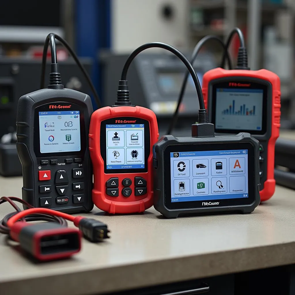 Various diagnostics scan tools laid out on a workbench