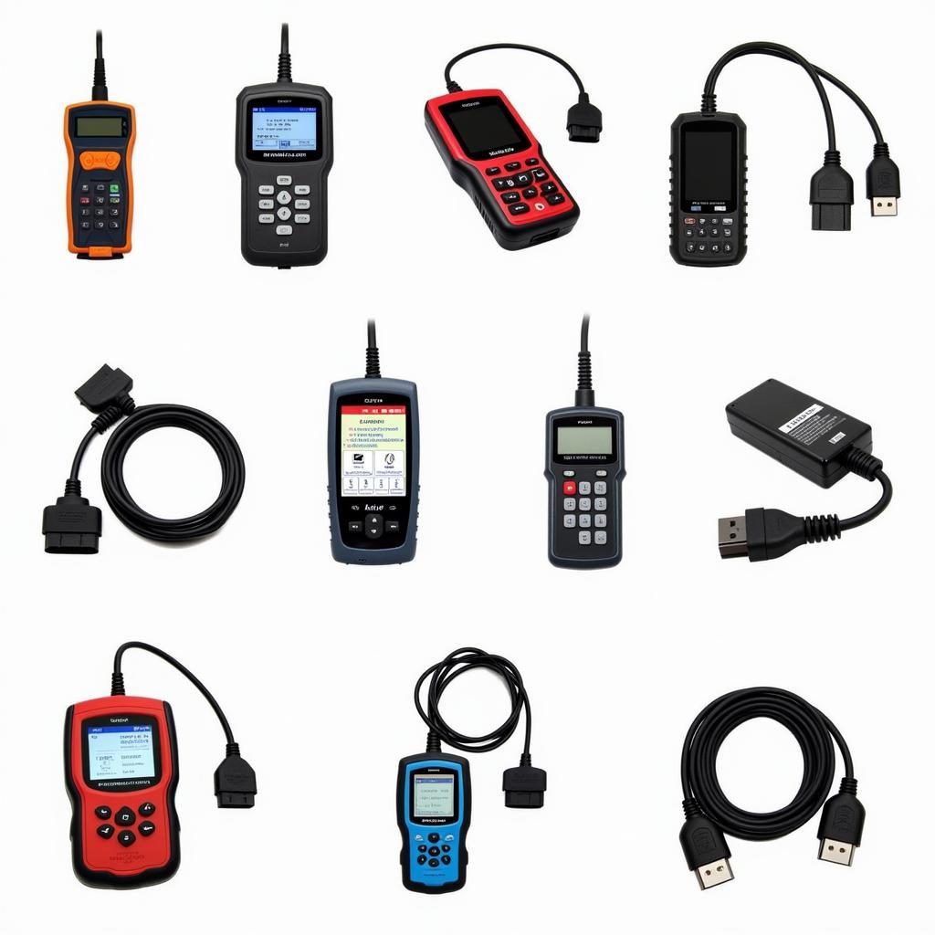 Various OBD scanners displayed on a table