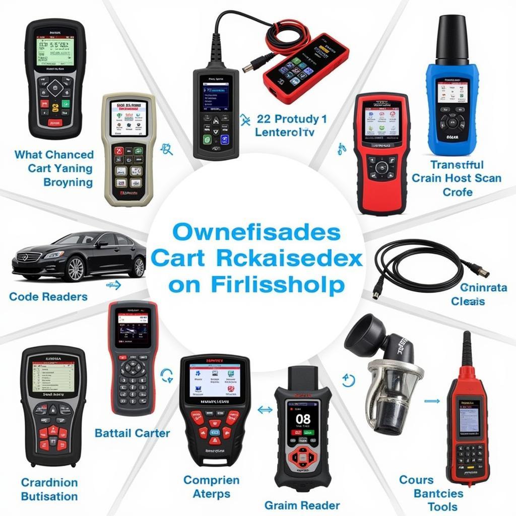 Various popular mechanics auto scan tools displayed on a workbench