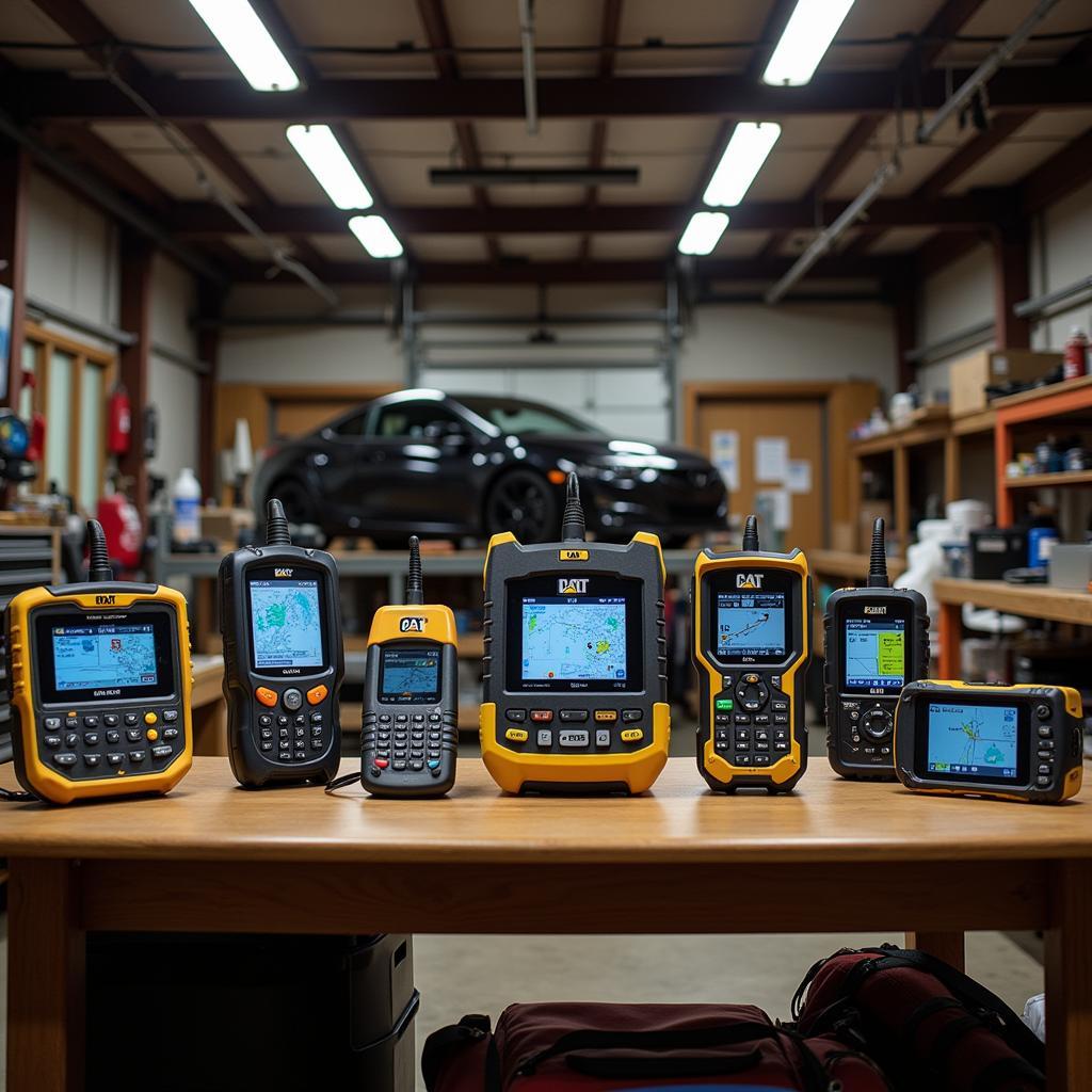 Various Cat scan tools displayed on a workbench.