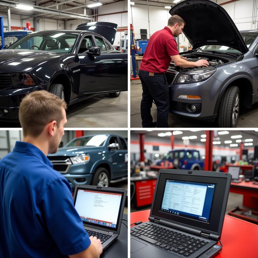 A collage showing different users interacting with automotive scan tool software on their laptops