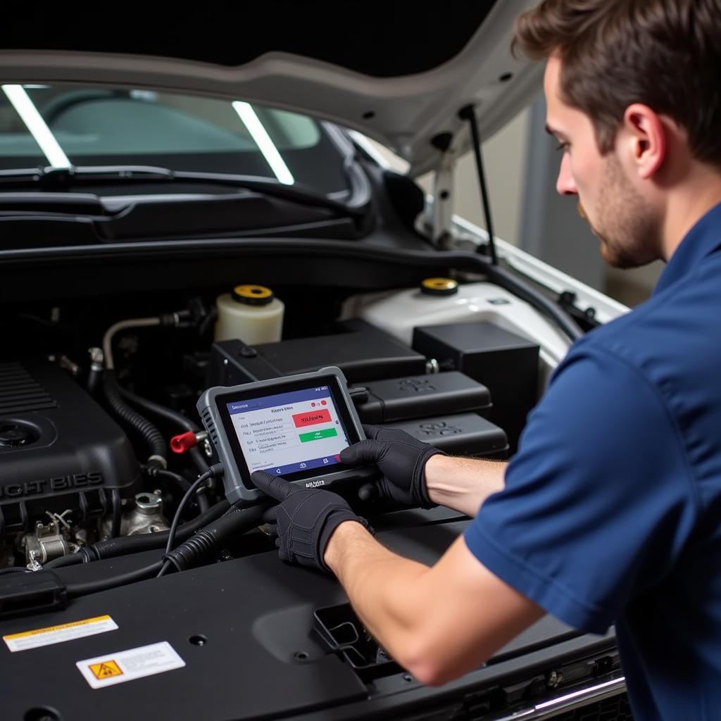 Mechanic Using Foxwell Code Reader to Diagnose Car Problems