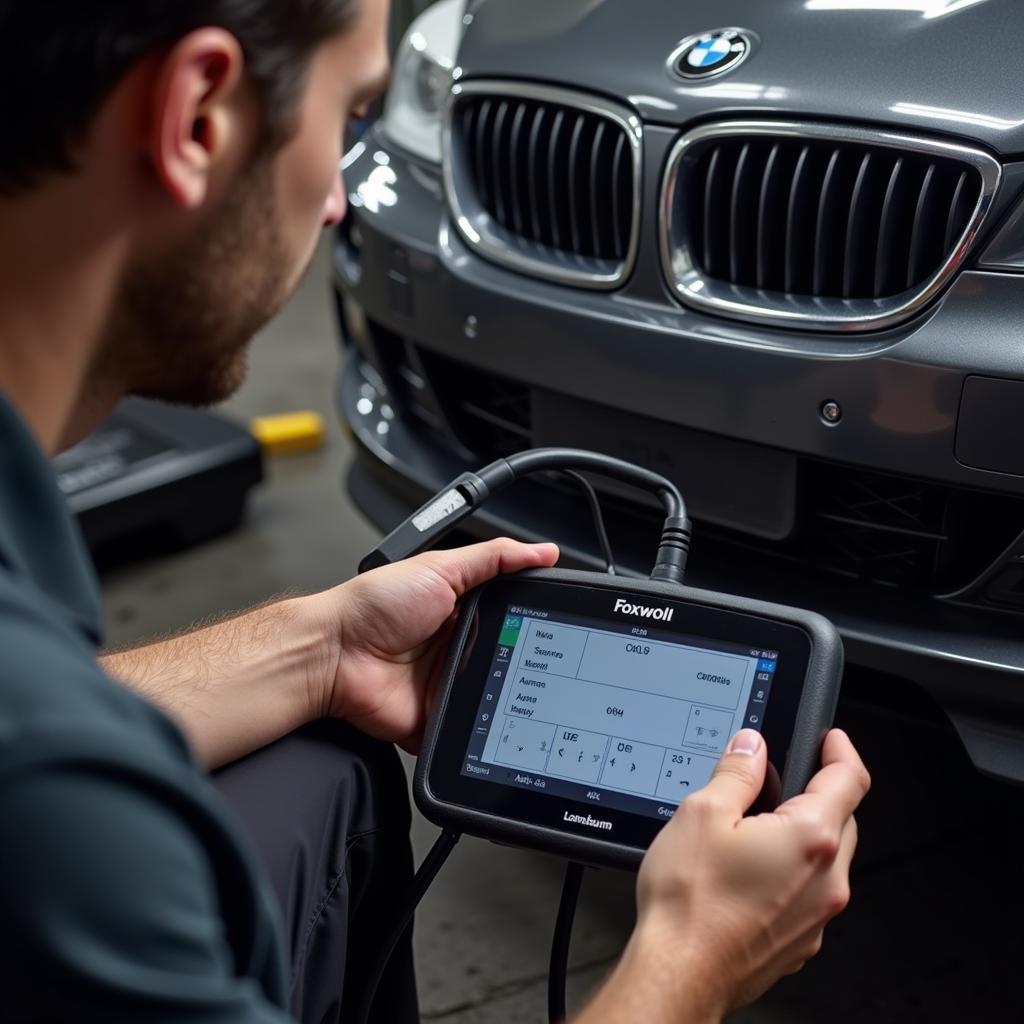 Mechanic using Foxwell NT201 on a BMW