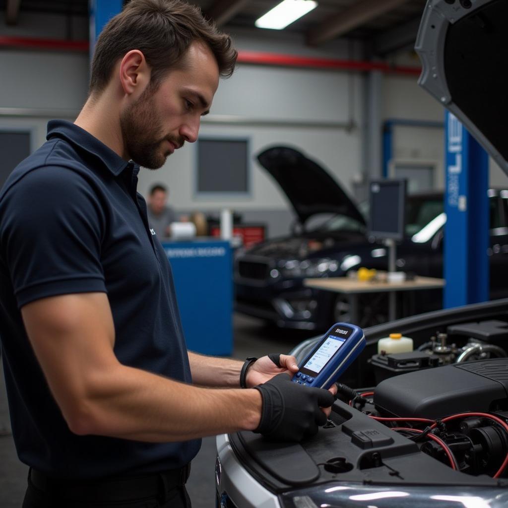 Mechanic Using Foxwell NT614 Diagnostic Tool