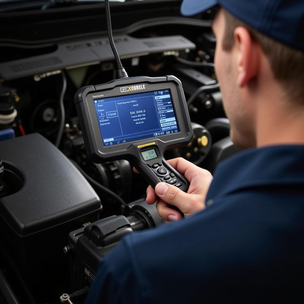 Mechanic using Foxwell NT680 for car diagnostics