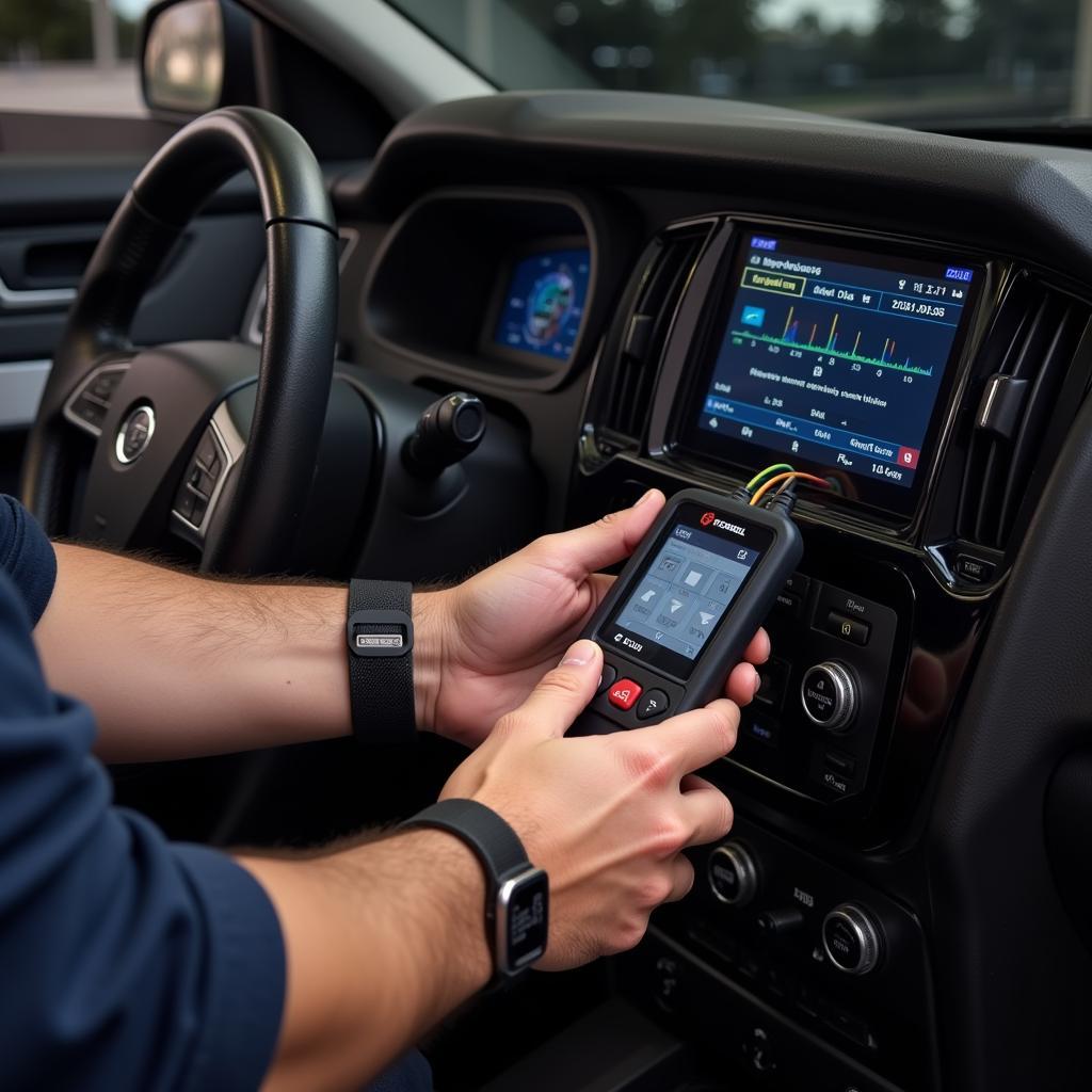 Mechanic using a Foxwell scanner to diagnose a car