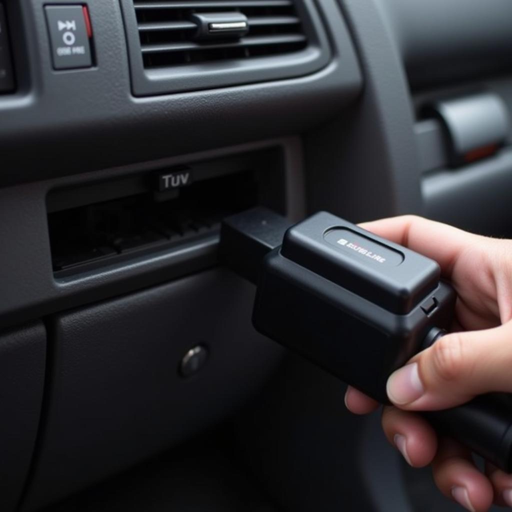 Connecting a diagnostic tool to the OBD-II port of a Mitsubishi Fuso truck.