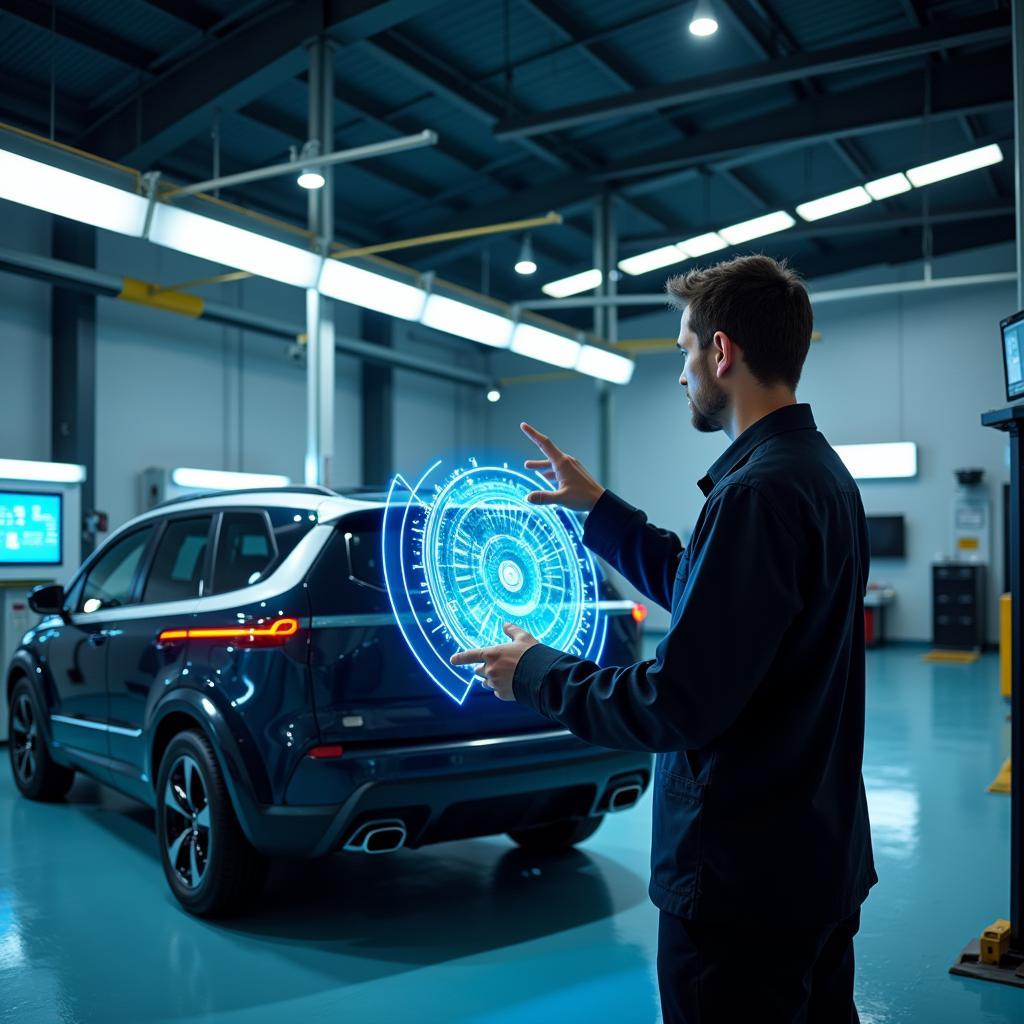 A futuristic car being diagnosed by a mechanic.