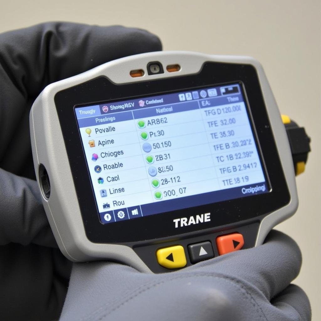 A close-up of a handheld Trane diagnostic tool