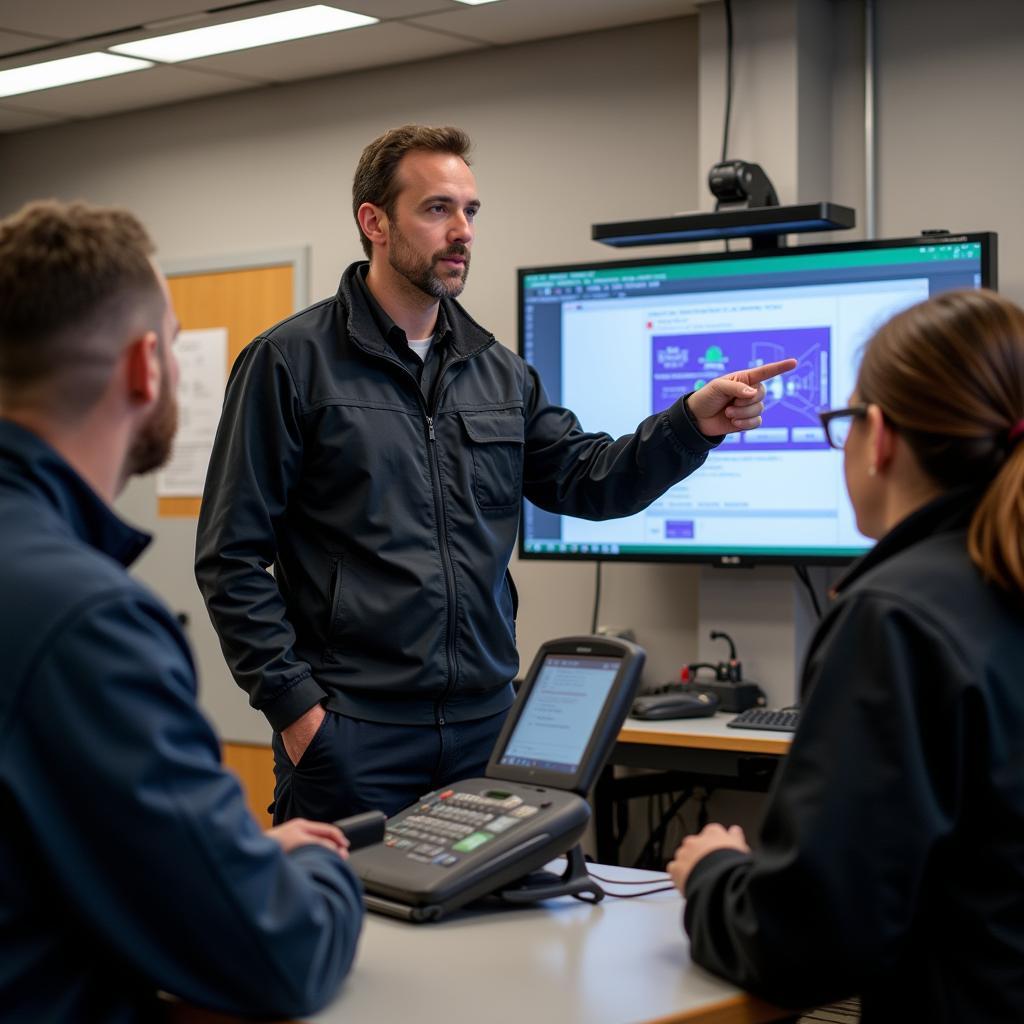 Automotive instructor showing students how to use a scan tool