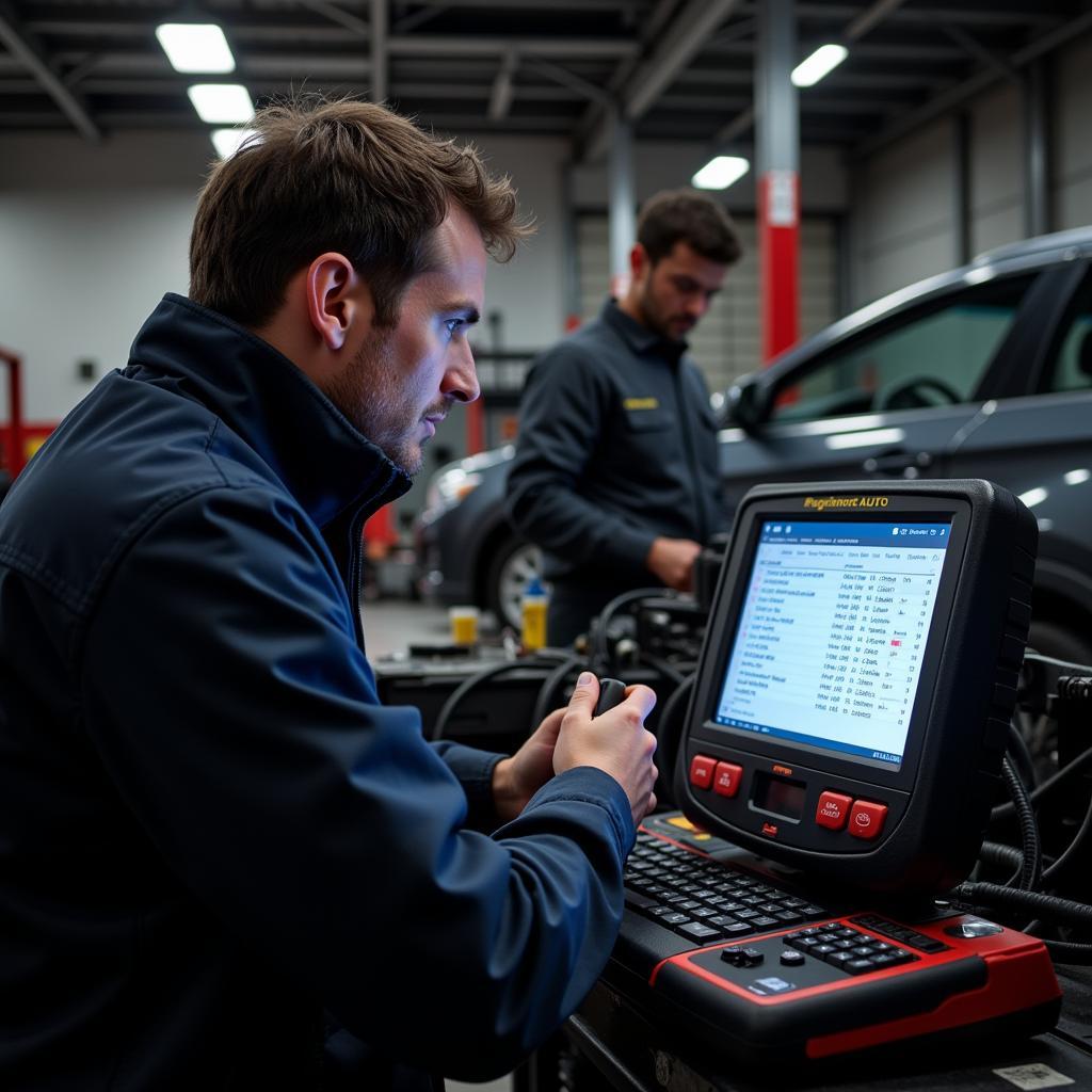 Mechanic analyzing data on a popular mechanics auto scan tool in a garage setting