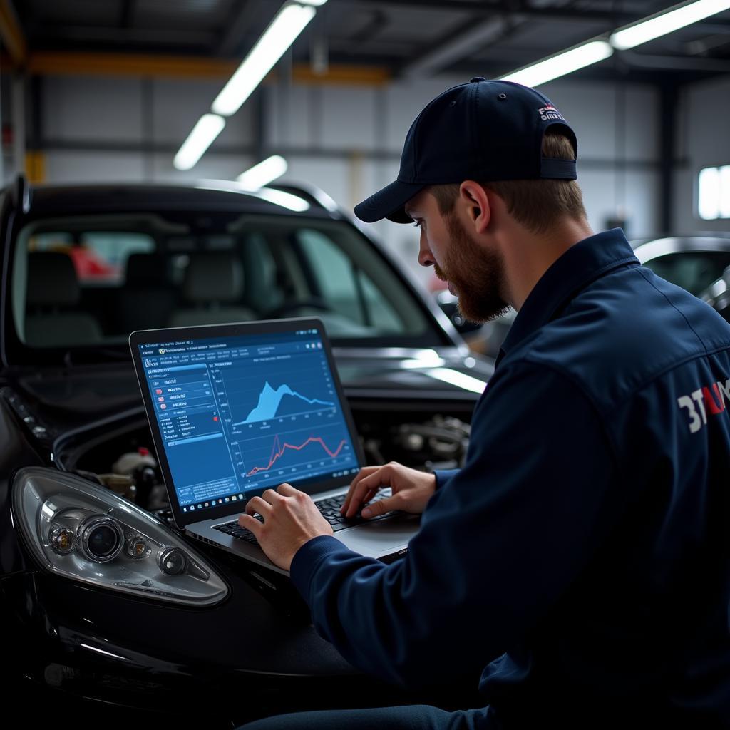 Mechanic analyzing data from a connection diagnostic tool on his laptop