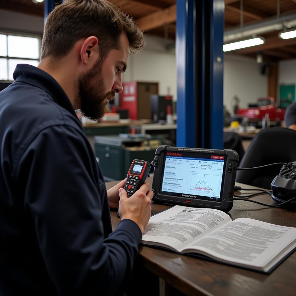 Mechanic analyzing data on the Briggs & Stratton diagnostic tool to diagnose an engine issue.