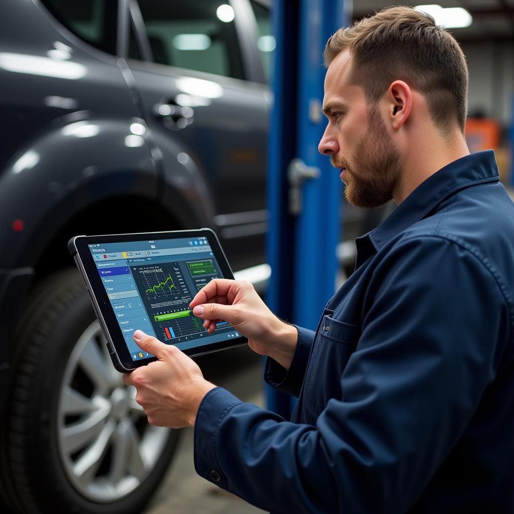 Mechanic Reviewing Scan Tool Data on Tablet