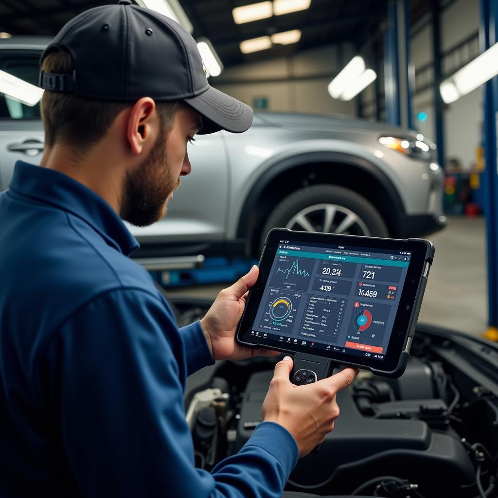 Mechanic Analyzing Scan Tool Data on a Tablet