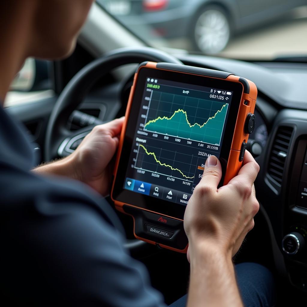  A mechanic is reviewing diagnostic data on a scan tool