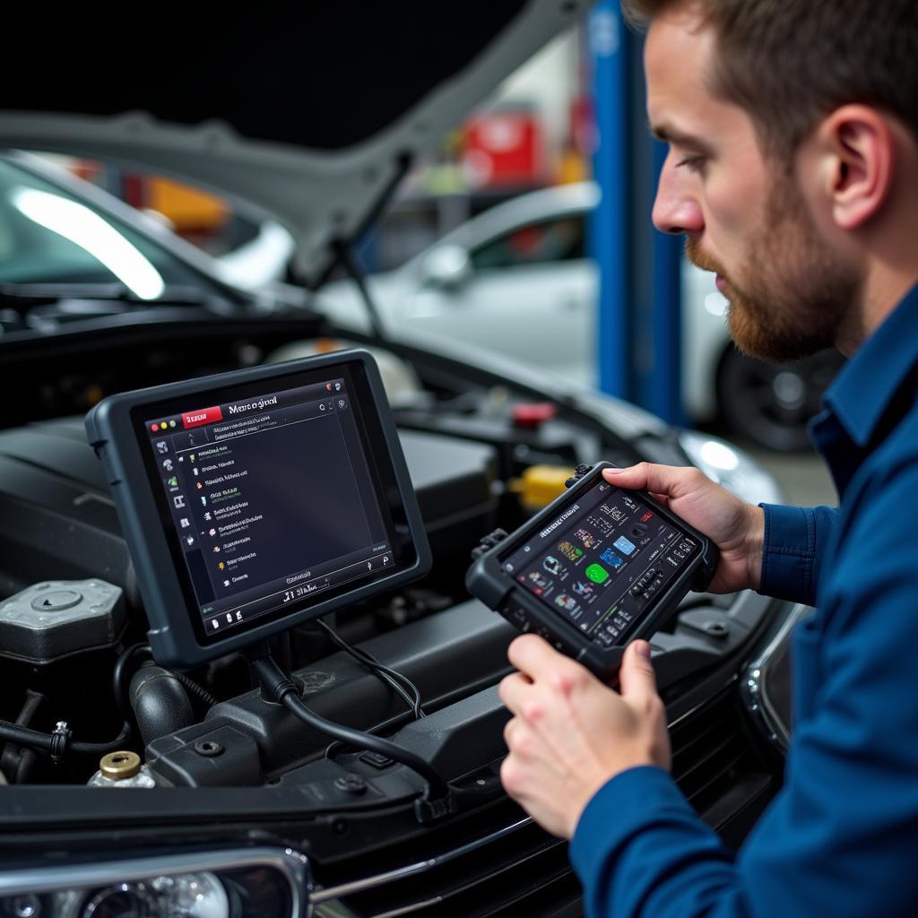 A mechanic using a computer memory scan tool to diagnose a car issue