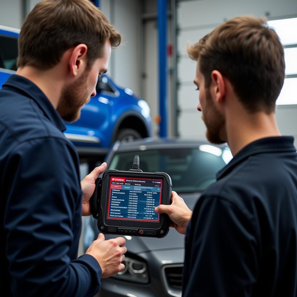 A mechanic discussing car ECM scanner results with a customer