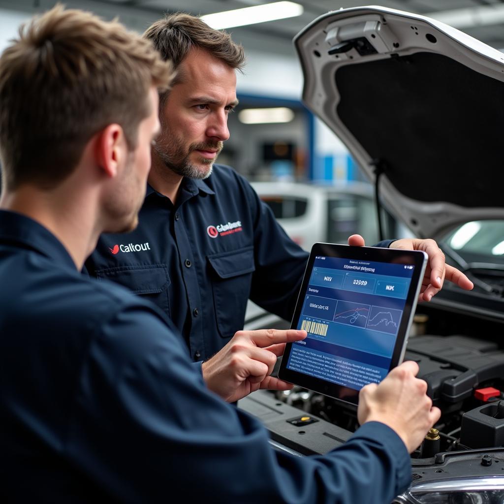 Mechanic Explaining Diagnostics Results to a Customer