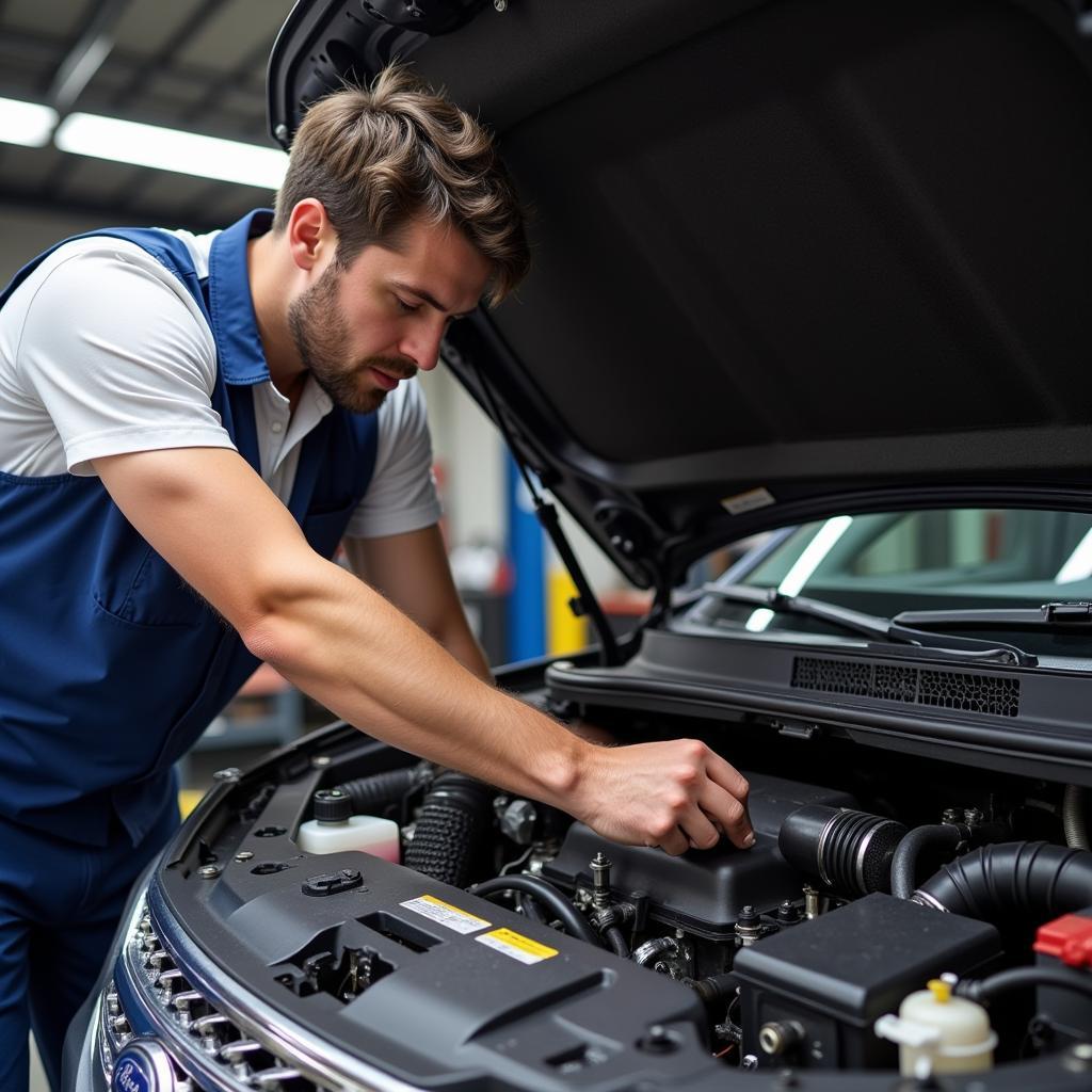 Mechanic inspecting under the hood of a Ford Explorer