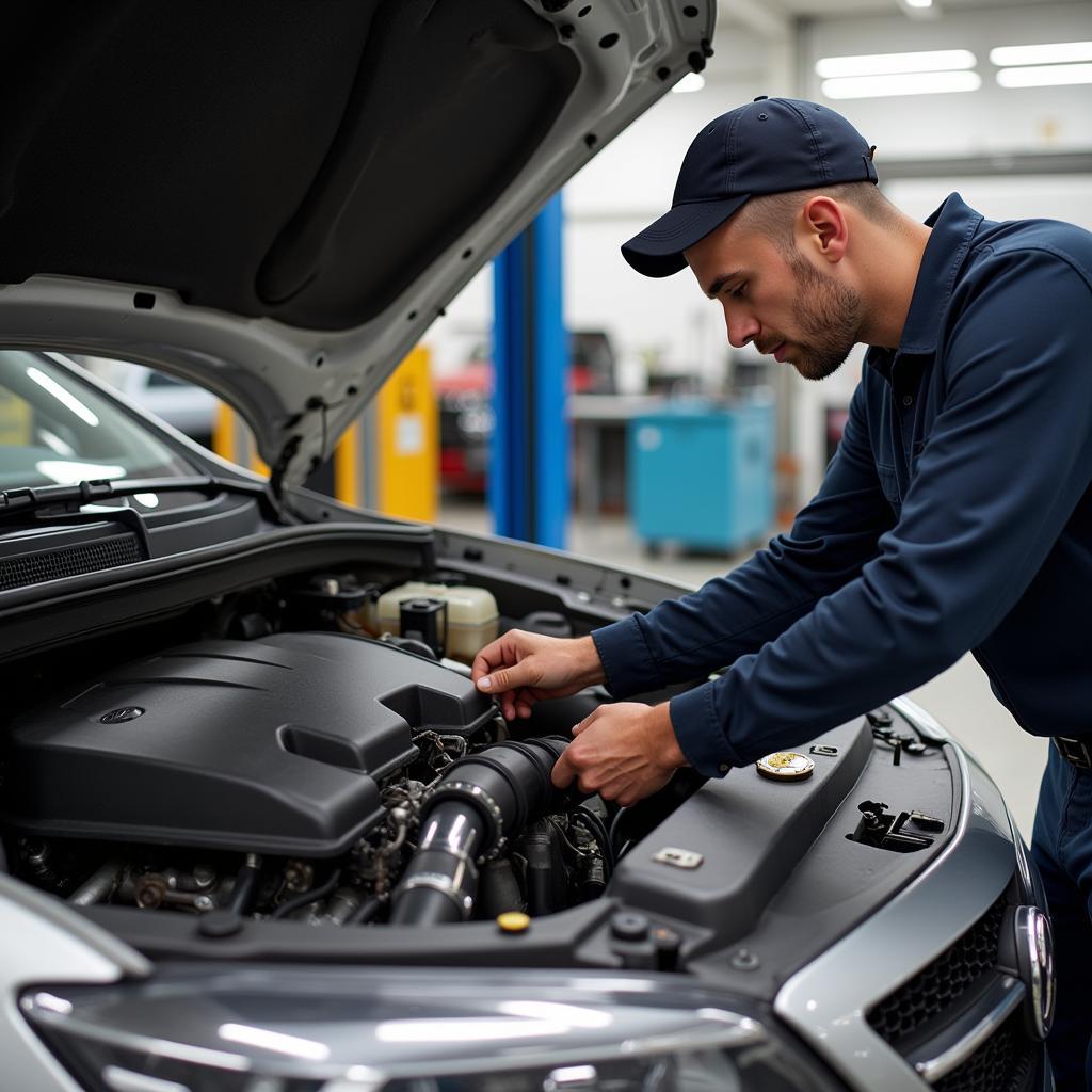 Mechanic Performing Visual Inspection of Car Engine