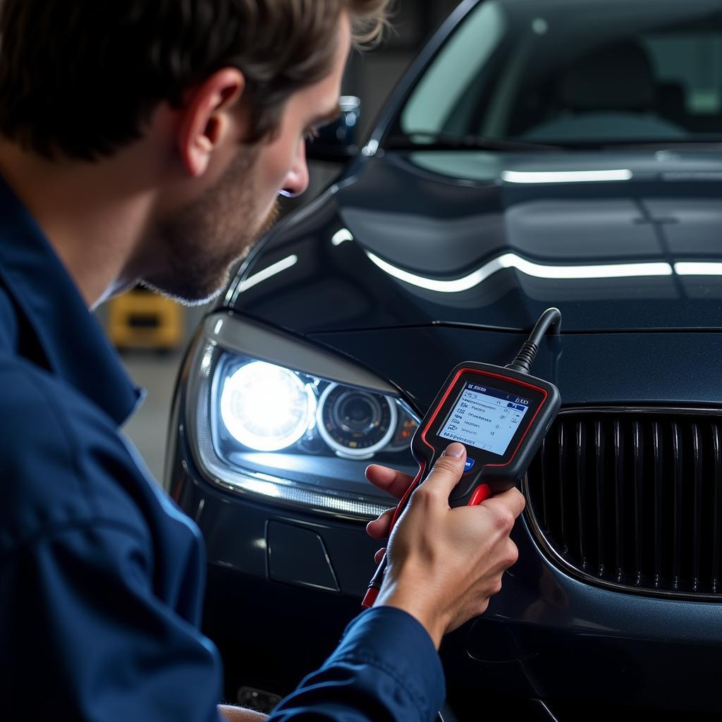 Mechanic testing car components with a bidirectional scan tool