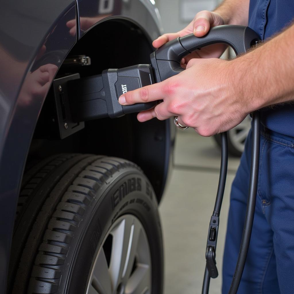 Mechanic using Actron CP9660 Pocketscan Plus on a car