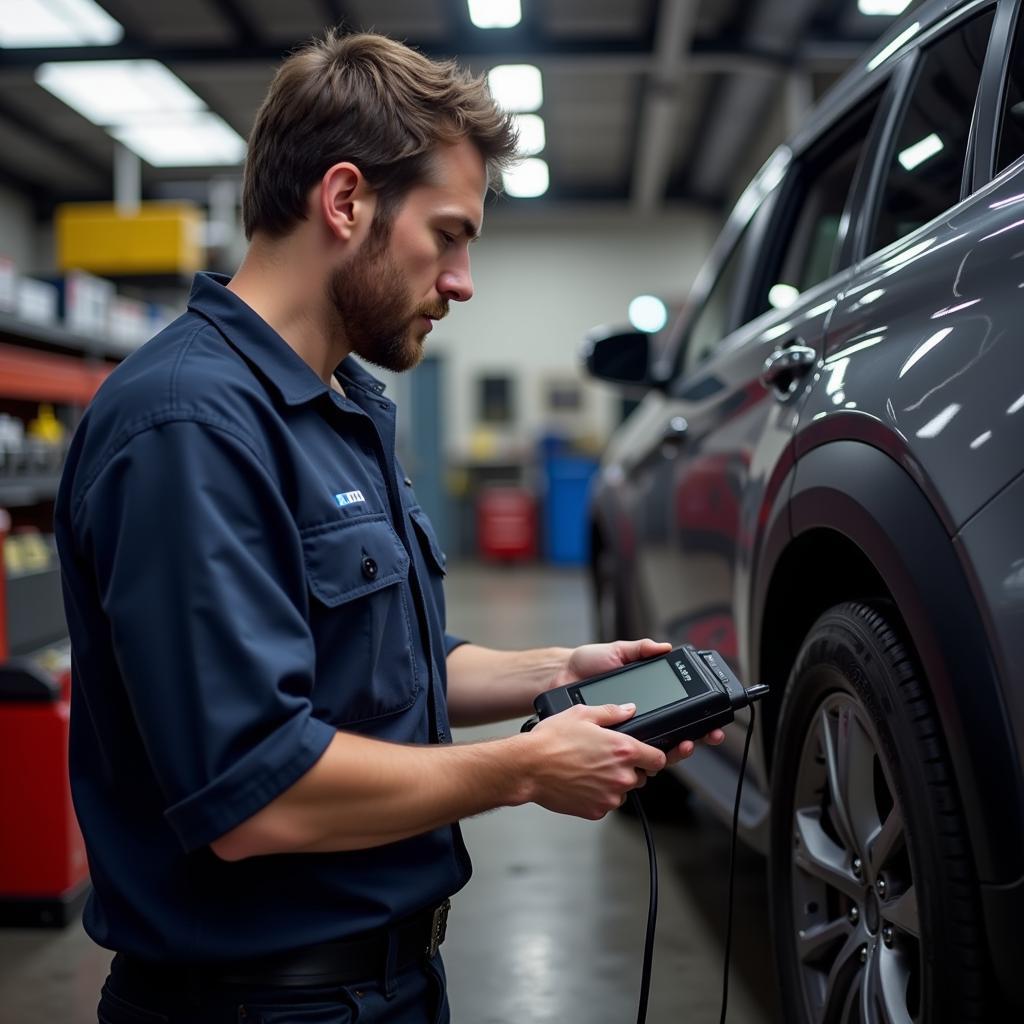 Mechanic using a Bluetooth scan tool to diagnose a car problem