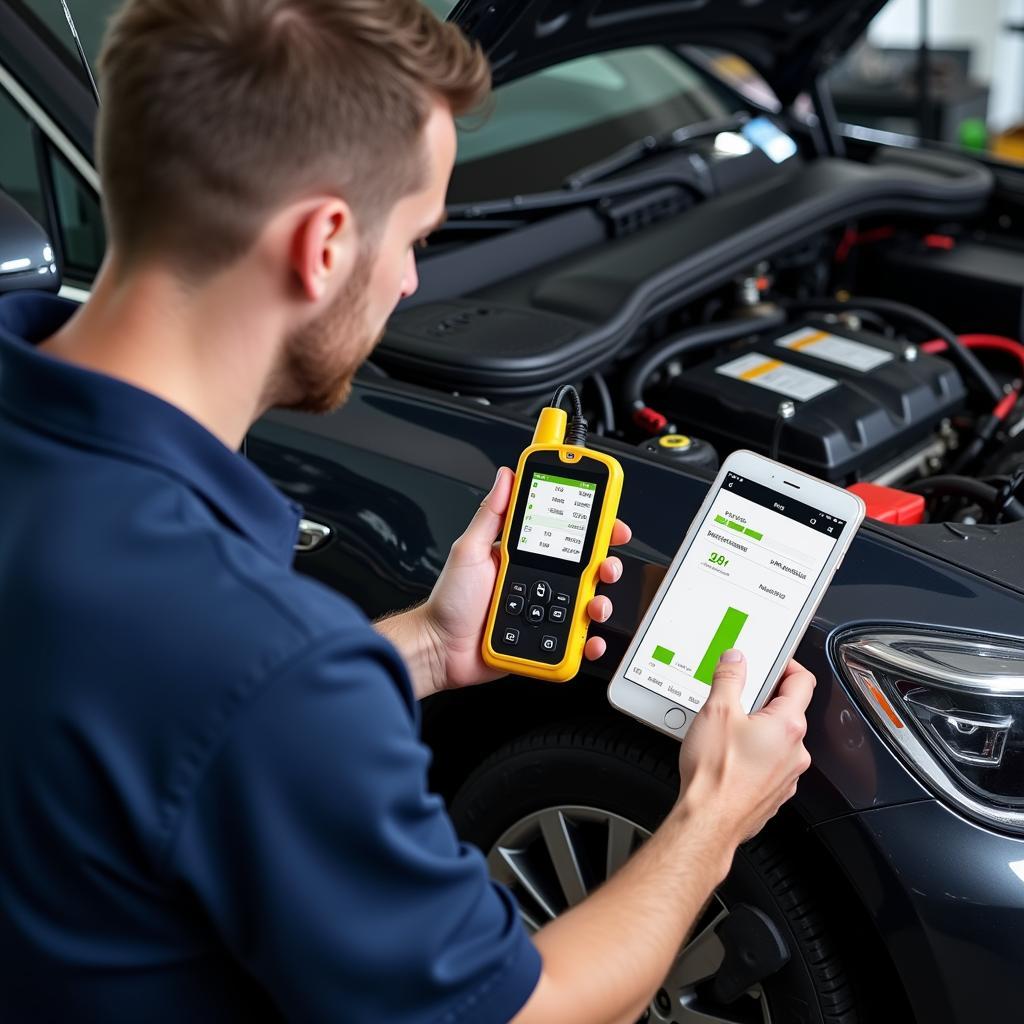 Mechanic Using Carev Tool on Electric Vehicle