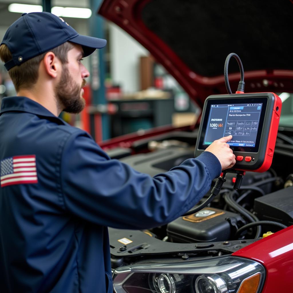 Mechanic using a diagnostic scan tool to troubleshoot a car engine problem.