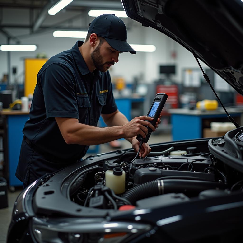 Mechanic Diagnosing a Small Engine Using a Diagnostic Scanner