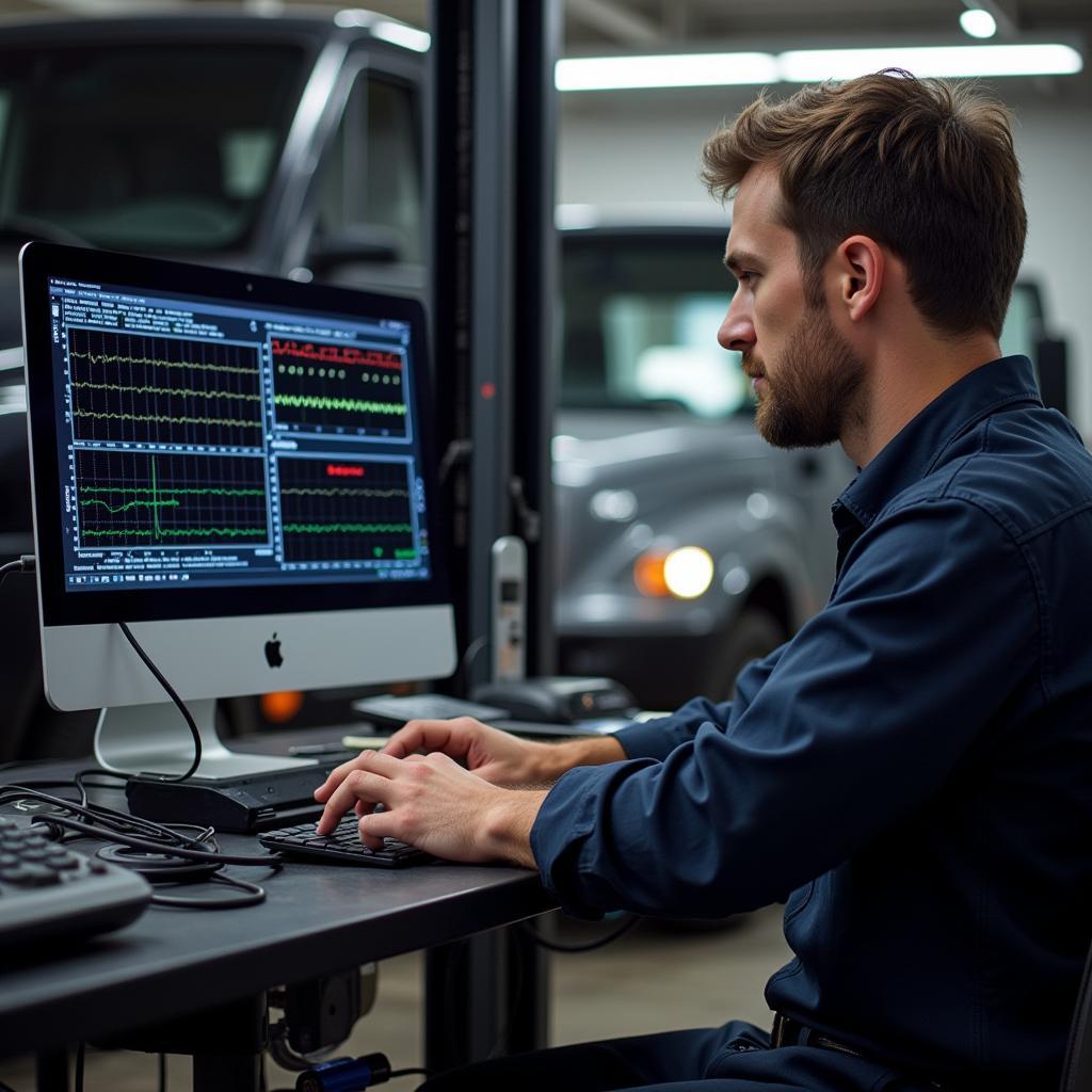 Mechanic Analyzing Diagnostic Data on Laptop