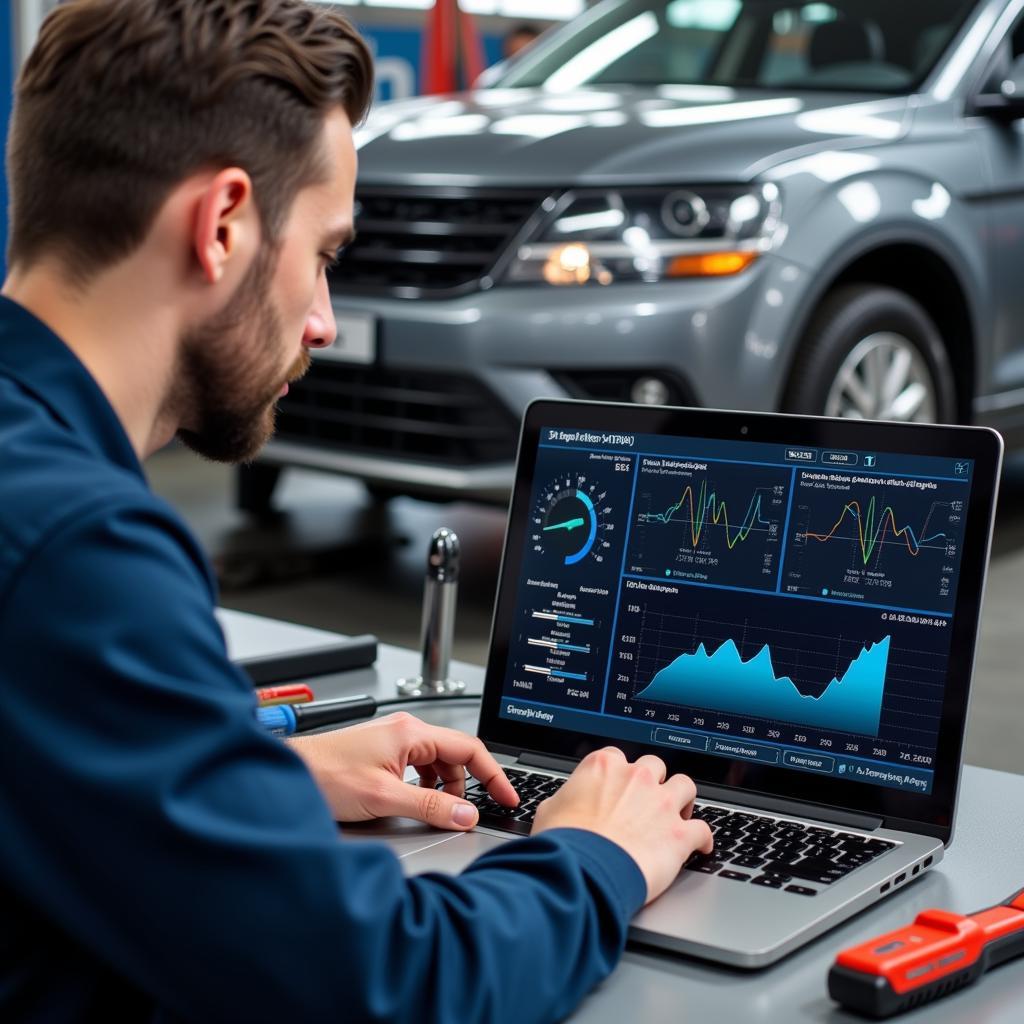 Mechanic Analyzing Vehicle Data on Laptop