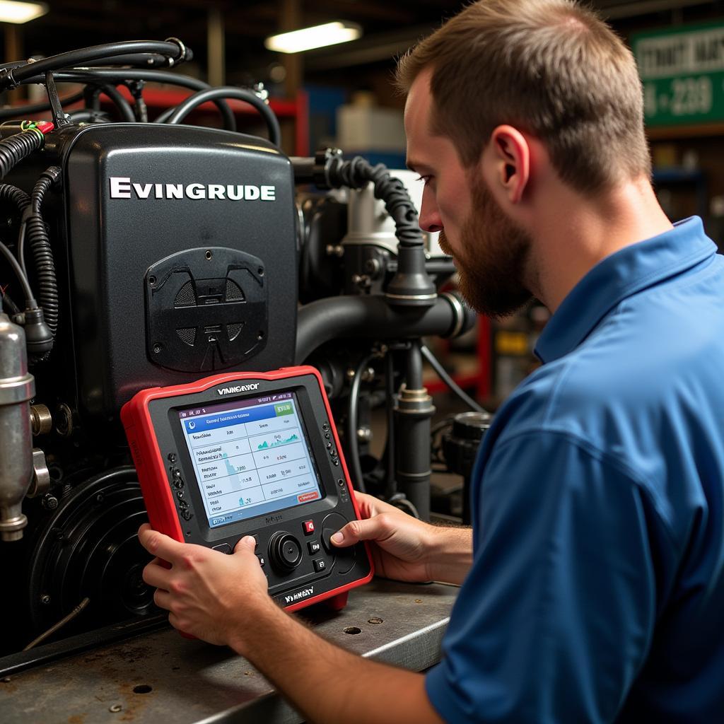 Mechanic using a diagnostic tool on an outboard motor