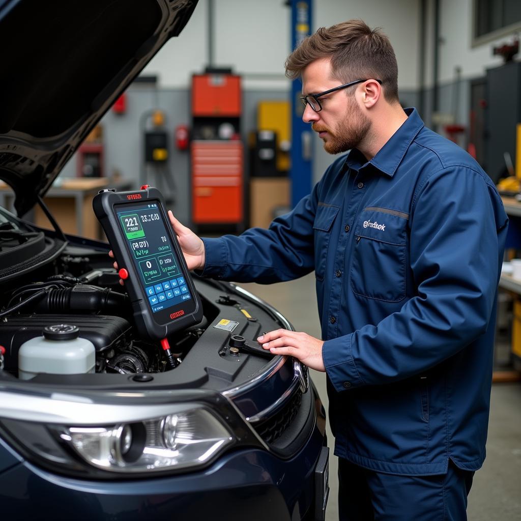 Mechanic using a diagnostic tool on a car engine