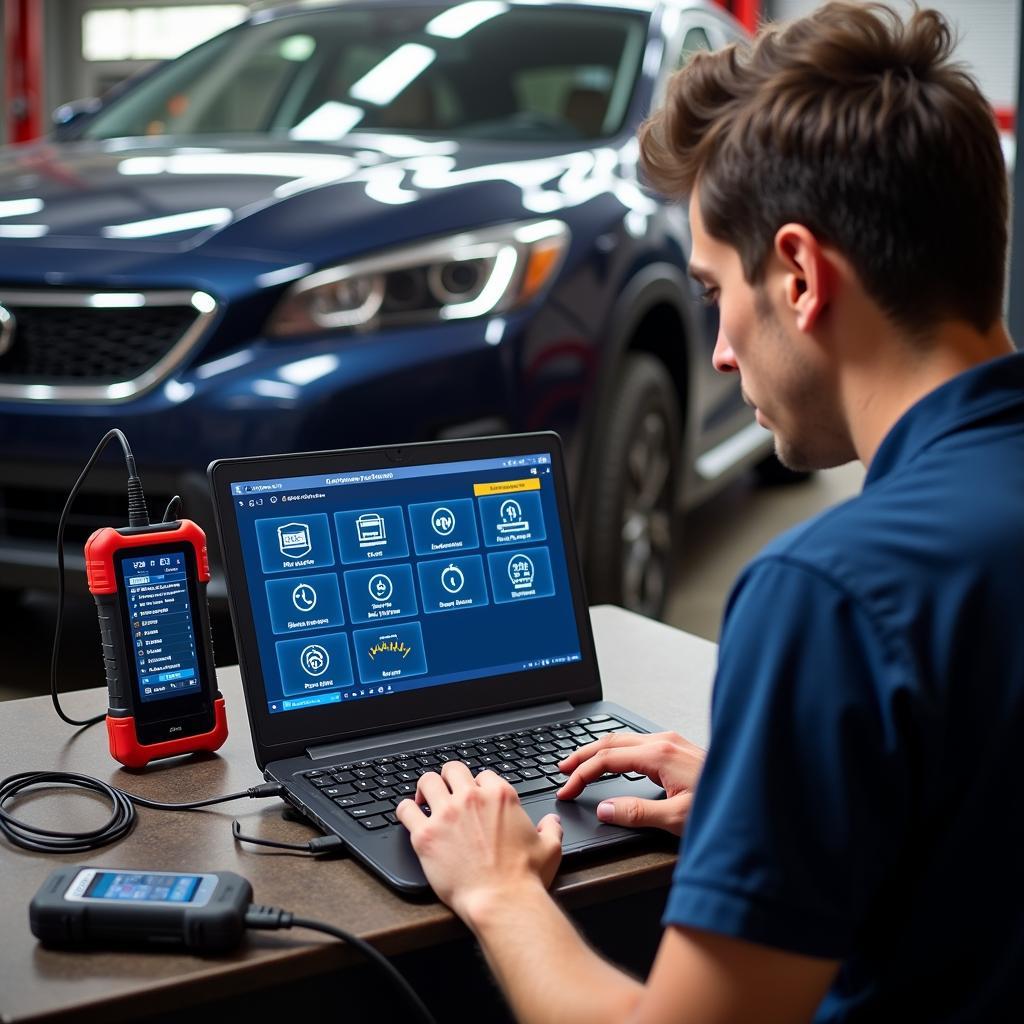 Mechanic Using a Diagnostic Tool on Laptop